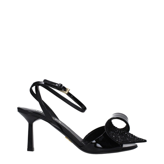 Prada Black Leather Stiletto Heel Sandals with open toe, buckle closure, and leather sole, featuring a stylish side detail, 7.5 cm heel.