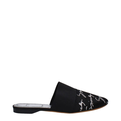 Givenchy Black Satin Slippers with logo detail, round toe, and leather sole. Casual style, low flat heel.