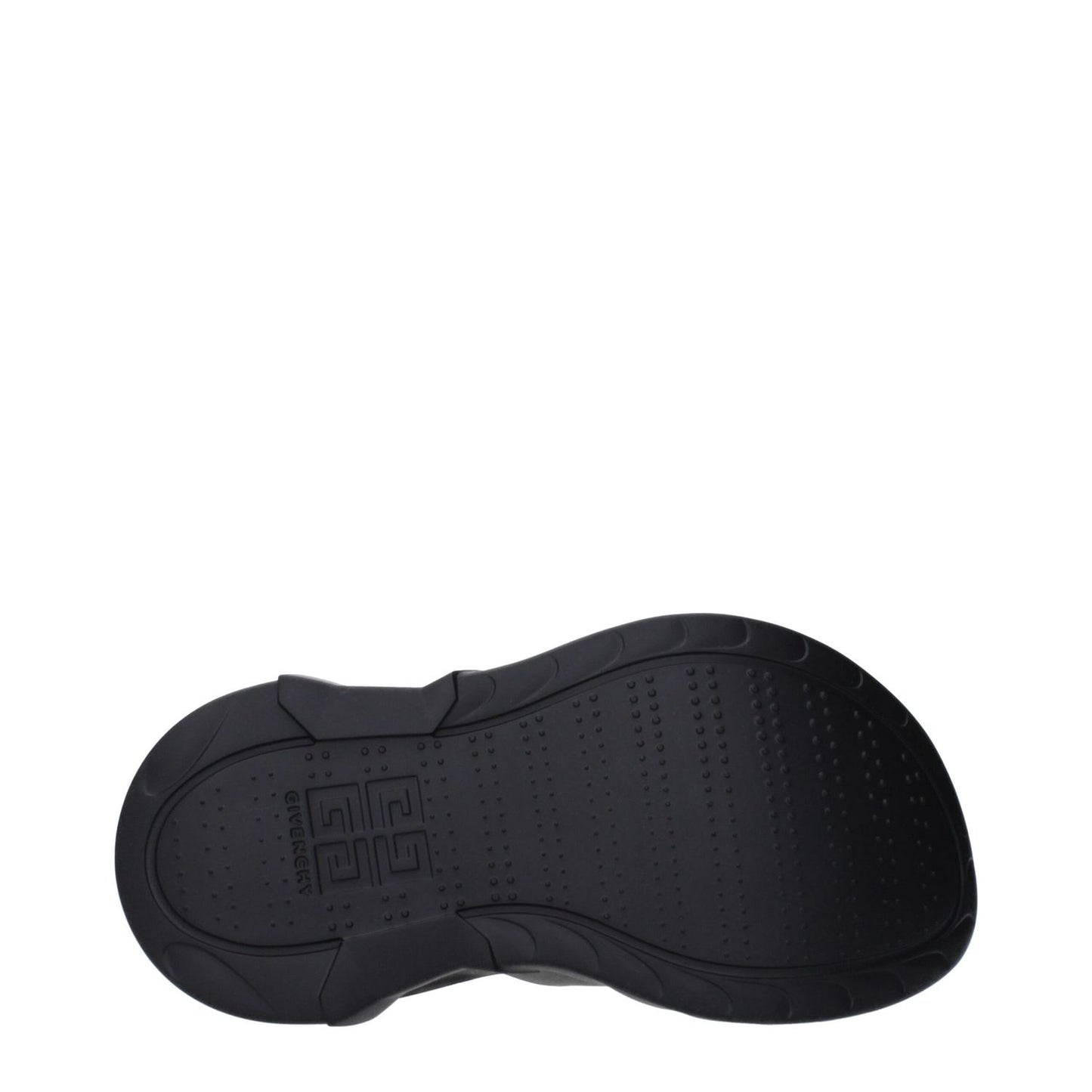 Sole view of Givenchy Black Cotton Slippers featuring rubber sole with logo, casual style, wedge heel, and round toe design.