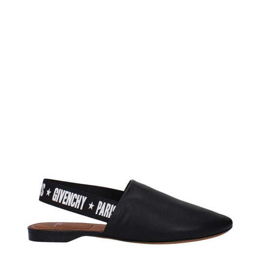 Alt Tag: Givenchy Black Leather Slides featuring side and back logos, round toe, and low flat heel, crafted from premium black leather.