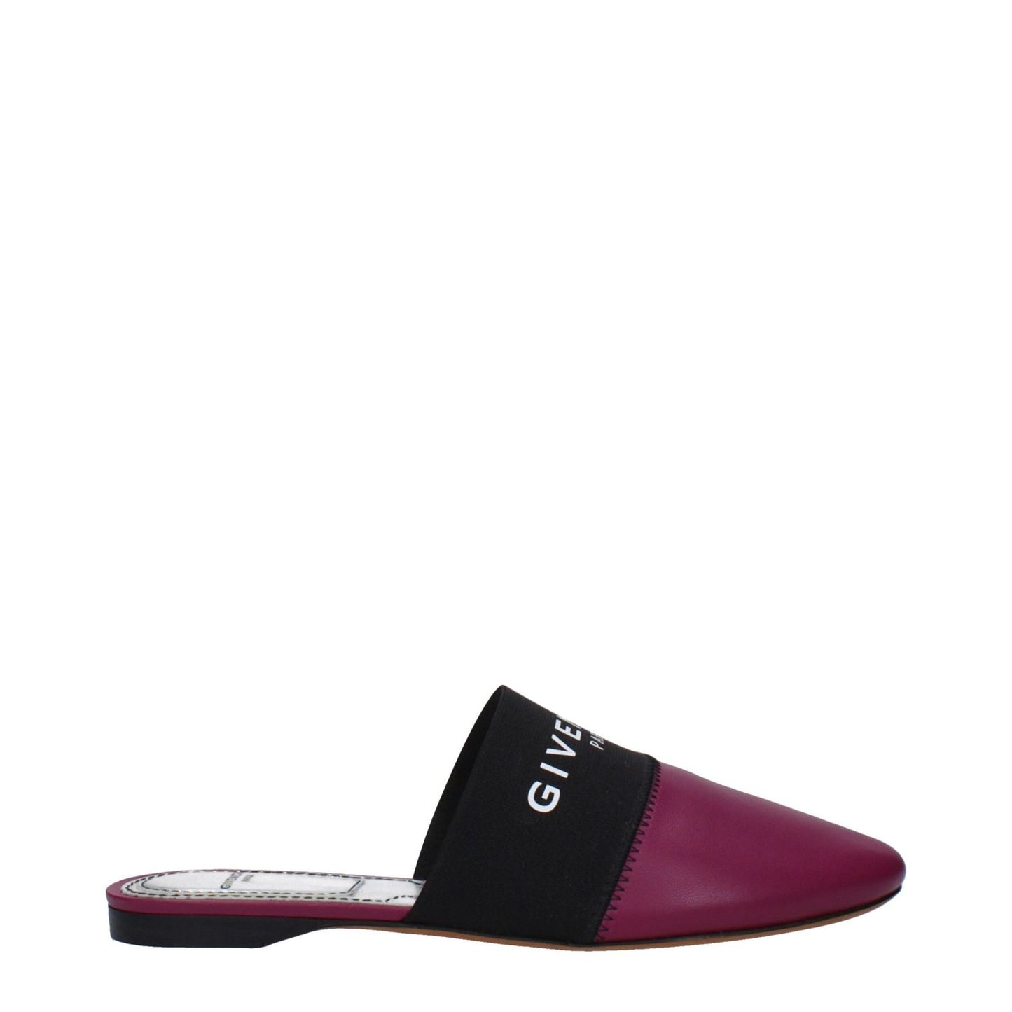 Givenchy Purple Leather Slippers with front logo and round toe, casual style, low flat heel, in dark orchid color.