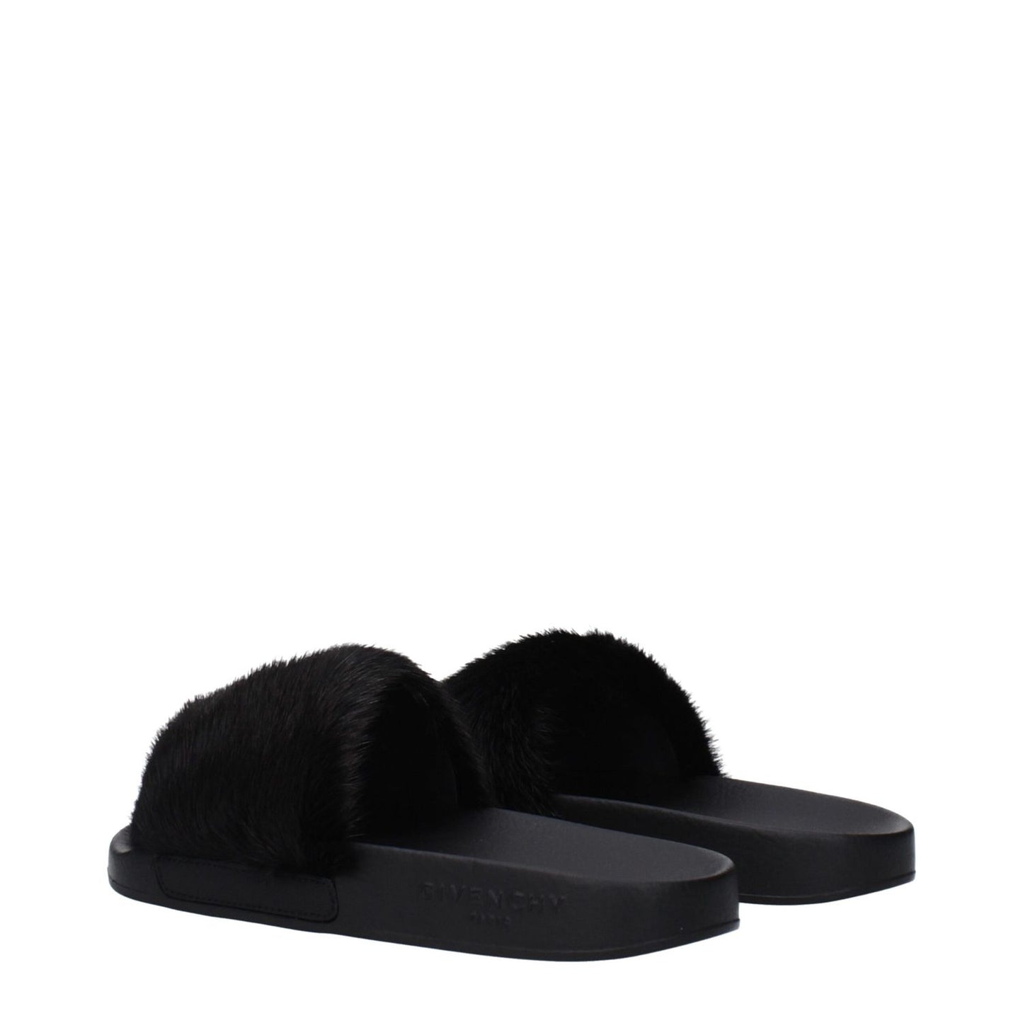 Givenchy Black Cotton Slippers with side logo, open toe, low flat heel, rubber sole.
