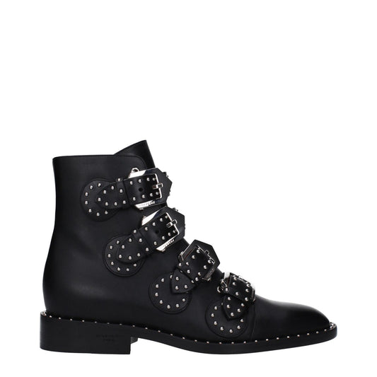 Givenchy Black Leather Ankle Boots with studded buckle closure and round toe design, featuring leather sole and low flat heel.