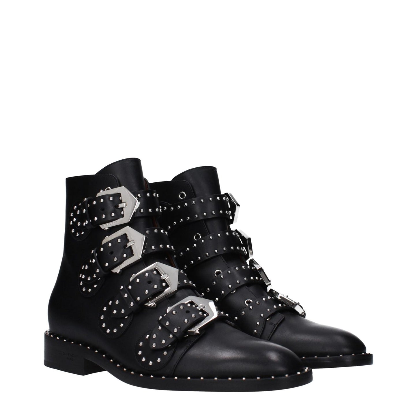 Givenchy Black Leather Ankle Boots with buckle closure and studs, featuring a round toe and low flat heel.