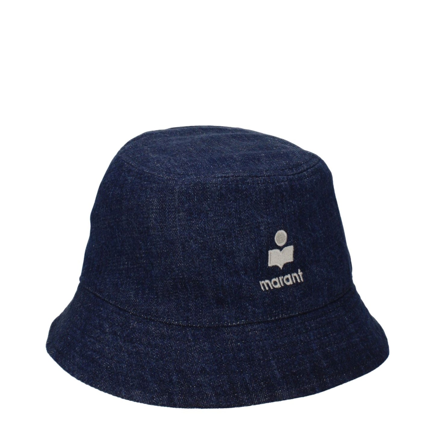 Isabel Marant Blue Cotton Bucket Hat with front logo, made of 100% cotton, model number CU001XFCB3C04A30BU.