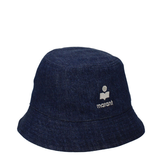 Isabel Marant Blue Cotton Bucket Hat with front logo, made of 100% cotton, model number CU001XFCB3C04A30BU.