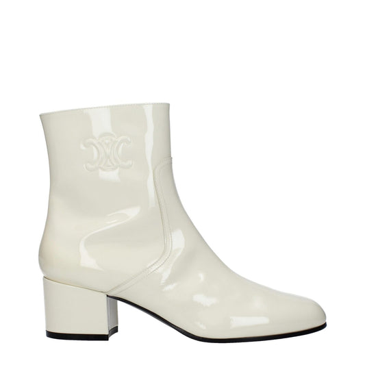 Celine Beige Leather Ankle Boots with side logo, patent leather finish, zip closure, mid heel, round toe, style code F82549.