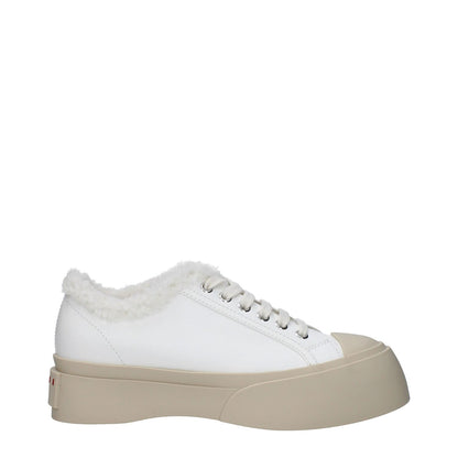 Marni White Leather Low Top Sneakers with fur detail, round toe, rubber sole, and mid heel. Casual lace-up closure, style code F82555.