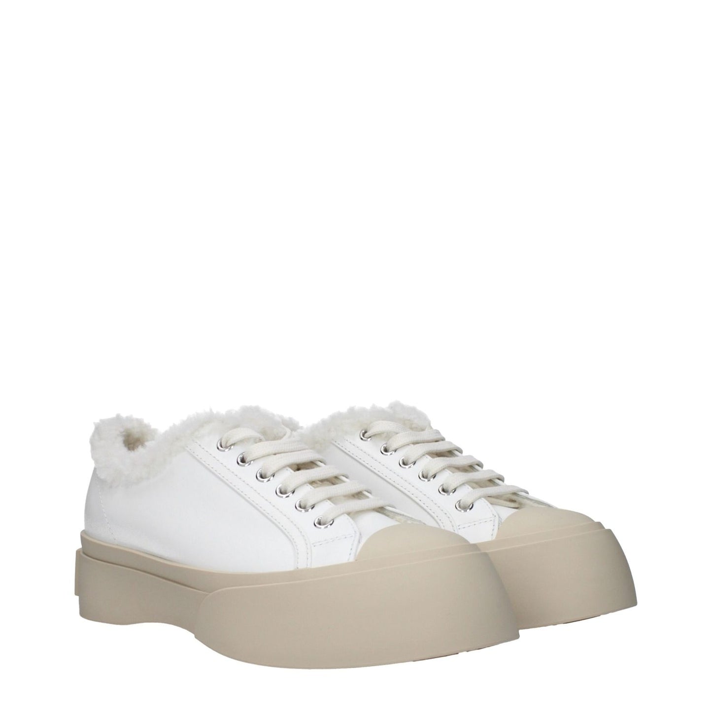 Marni White Leather Low Top Sneakers with fur detail, front and back logo, lace-up closure, rubber sole, mid-height heel, casual style.