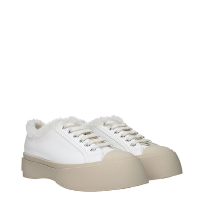 Marni White Leather Low Top Sneakers with fur detail, front and back logo, lace-up closure, rubber sole, mid-height heel, casual style.