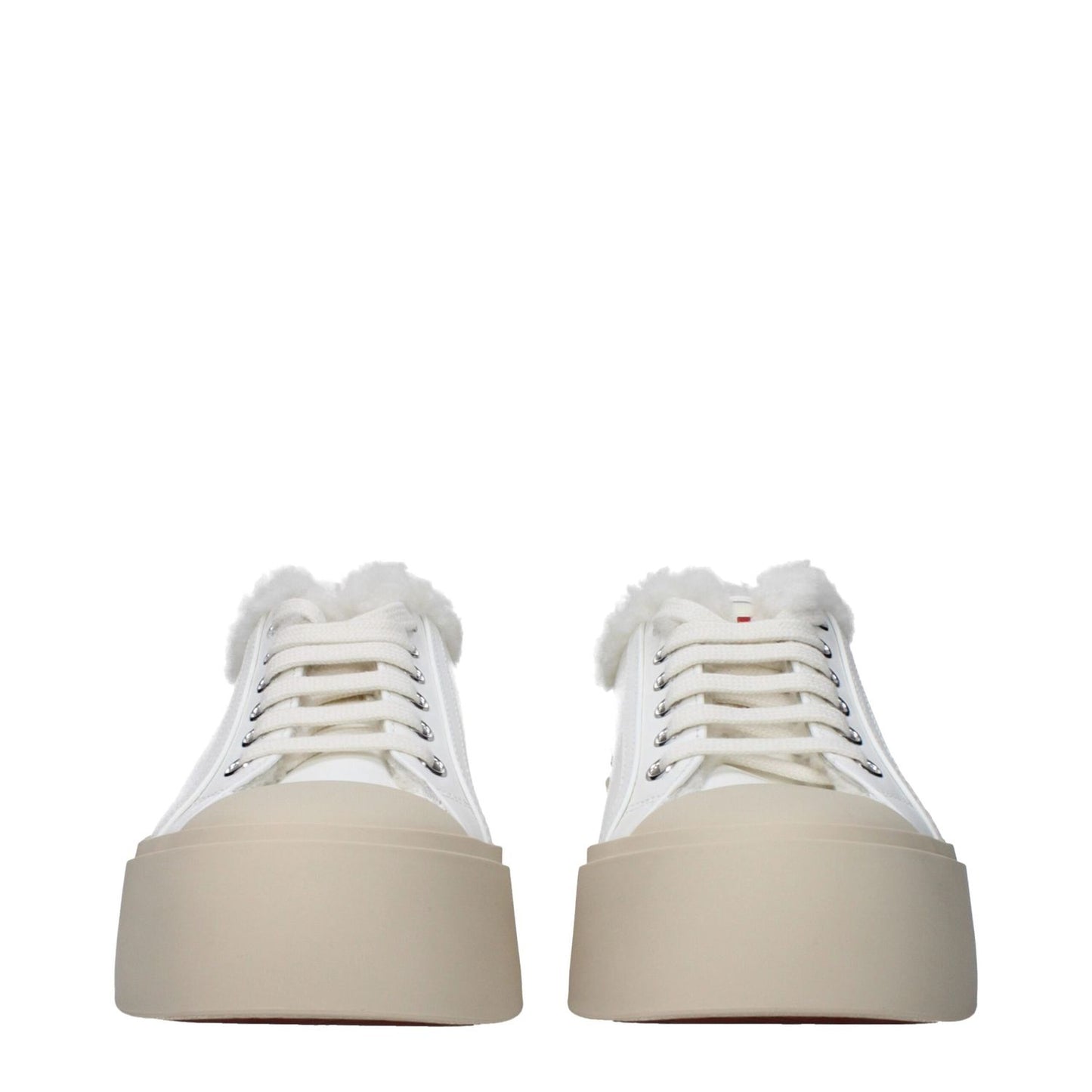 Marni White Leather Low Top Sneakers with fur detail, rubber sole, and mid heels, featuring front and back logos. Casual style, lace-up closure.