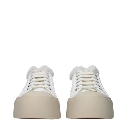 Marni White Leather Low Top Sneakers with fur detail, rubber sole, and mid heels, featuring front and back logos. Casual style, lace-up closure.