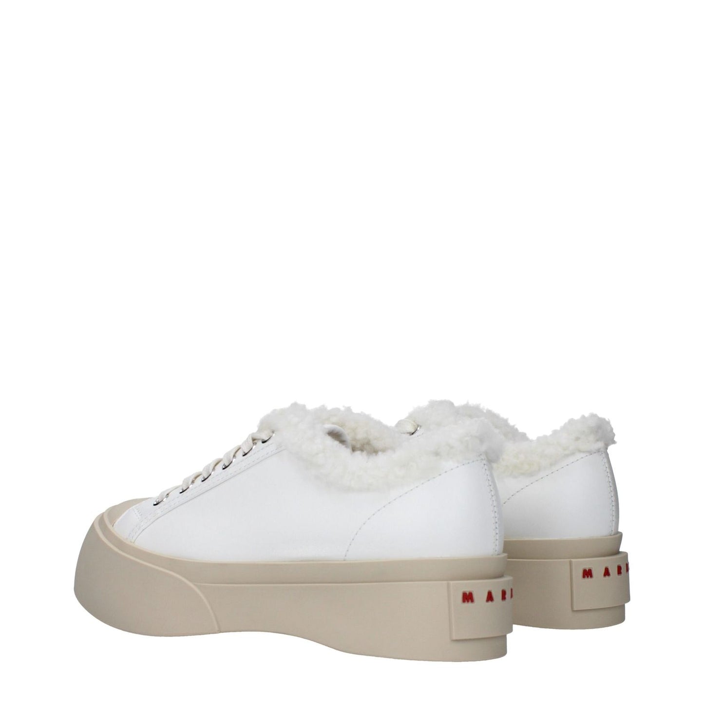 Marni White Leather Low Top Sneakers with fur detail, featuring front and back logos, round toe, and lace-up closure, rubber sole.