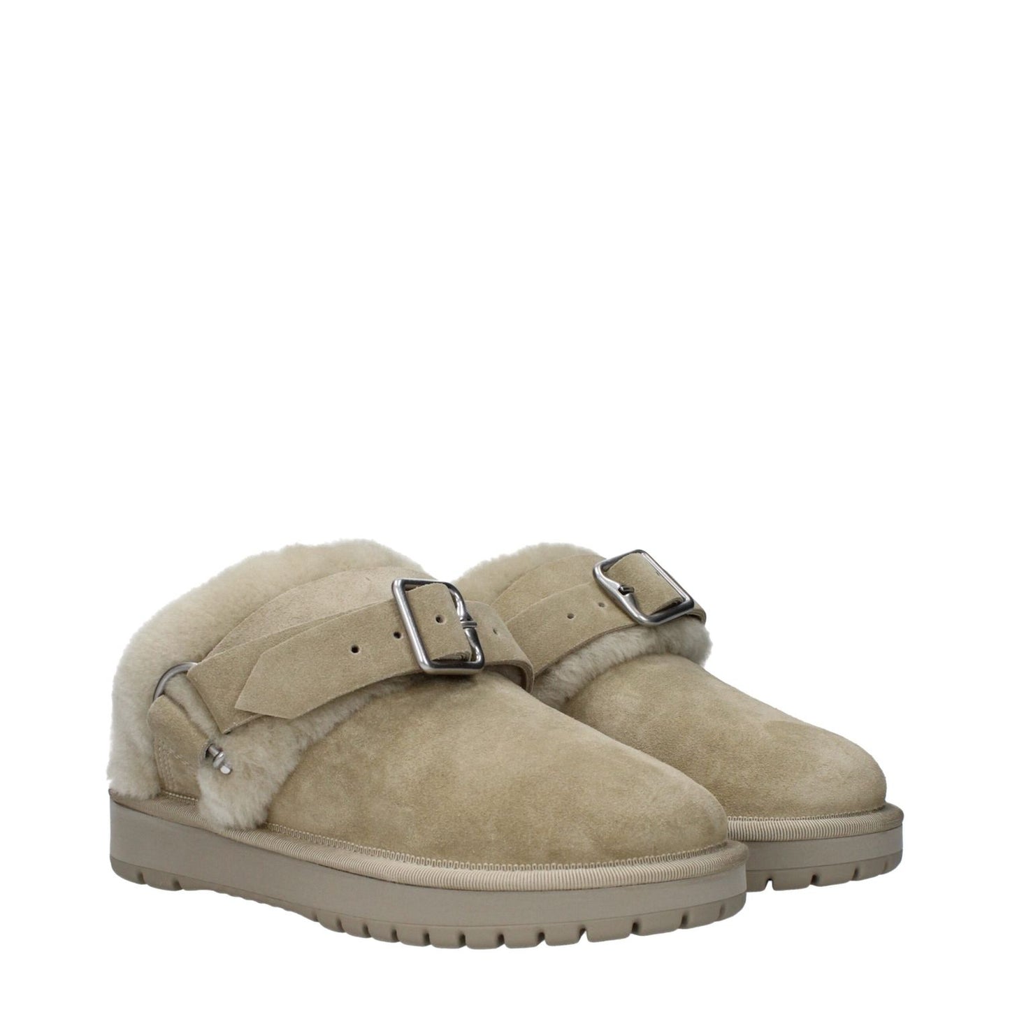 Burberry Green Leather Slippers with fur detail, buckle closure, round toe, and rubber sole, style MPN 8095351, casual suede clogs.