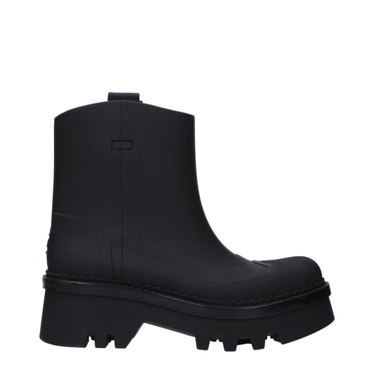 Chloé Black Cotton Ankle Boots with rubber sole and mid heels, featuring a back logo, round toe, and 5.5 cm heel height.