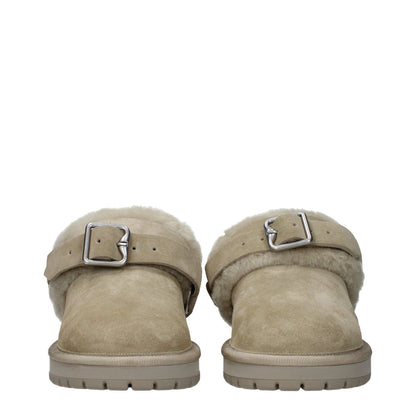 Burberry Green Leather Slippers with fur detail, buckle closure, rubber sole, and round toe, style number 8095351, casual low heel design.