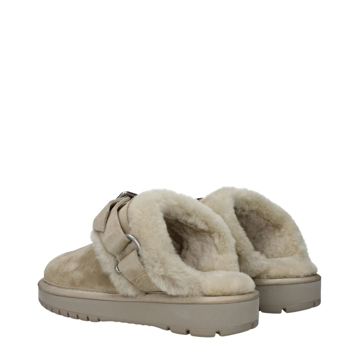 Burberry Green Leather Slippers with fur detail, featuring a rubber sole, round toe, and buckle closure.