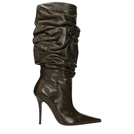 Amina Muaddi Green Leather High Heel Boots with vintage effect and pointy toe, featuring a 10.5 cm heel, casual style.