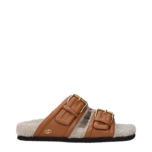 Side view of Valentino Garavani Brown Leather Slippers with buckle closure, open toe design, and rubber sole for casual wear.