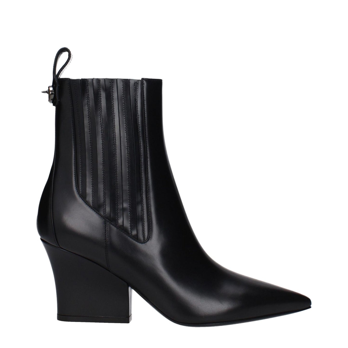 Alt Tag: Valentino Garavani Black Leather Ankle Boots with logo, mid heels, pointy toe, leather sole, and back logo detail.