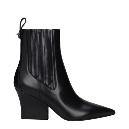 Alt Tag: Valentino Garavani Black Leather Ankle Boots with logo, mid heels, pointy toe, leather sole, and back logo detail.