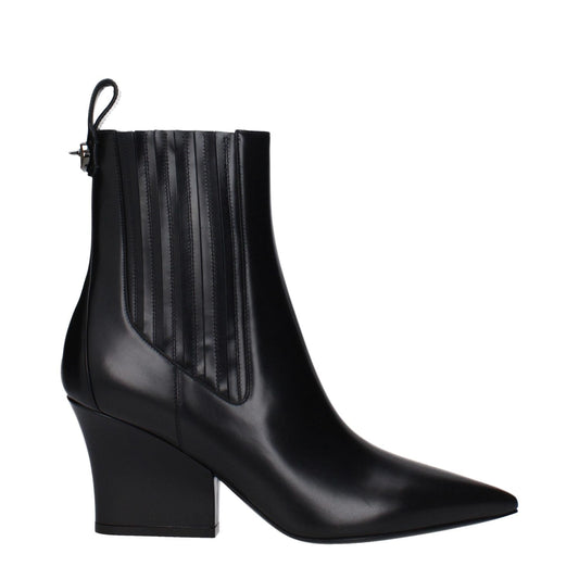 Alt Tag: Valentino Garavani Black Leather Ankle Boots with logo, mid heels, pointy toe, leather sole, and back logo detail.