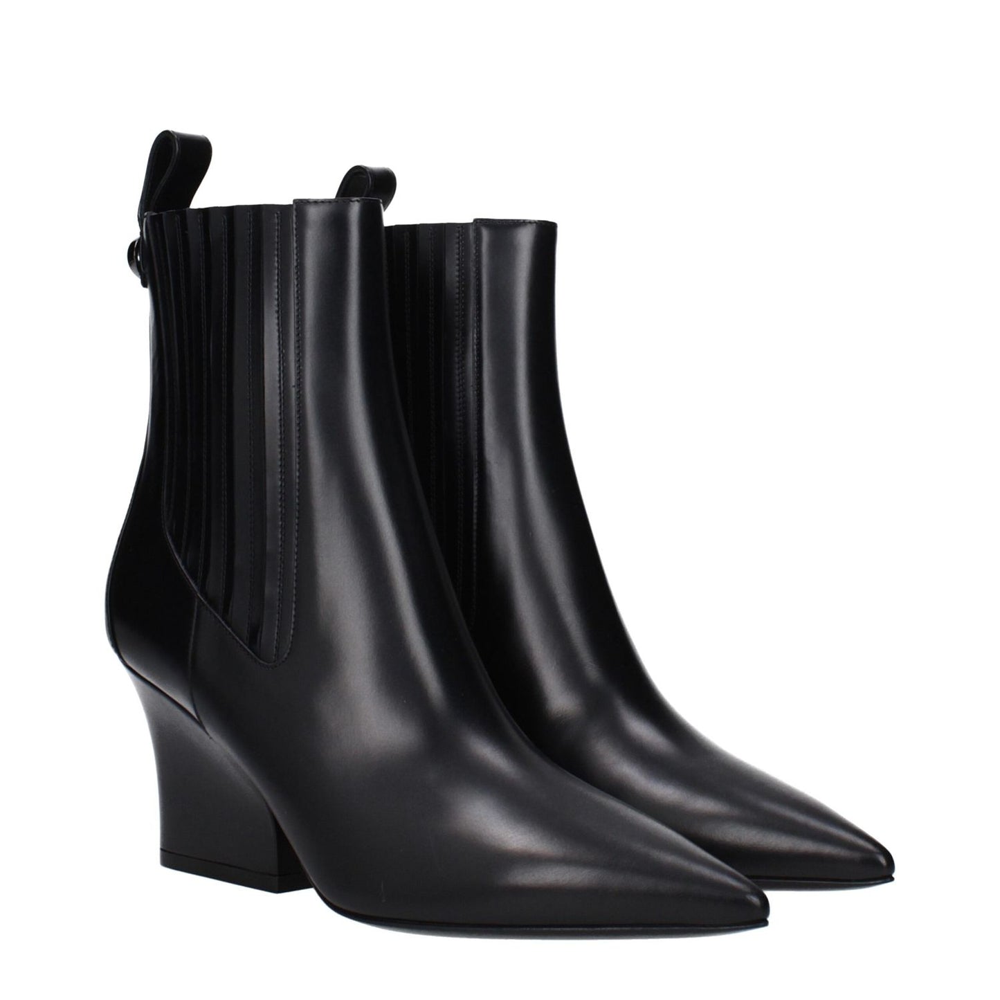 Valentino Garavani Black Leather Ankle Boots with pointy toe and mid heels, featuring a back logo, style for a casual look.