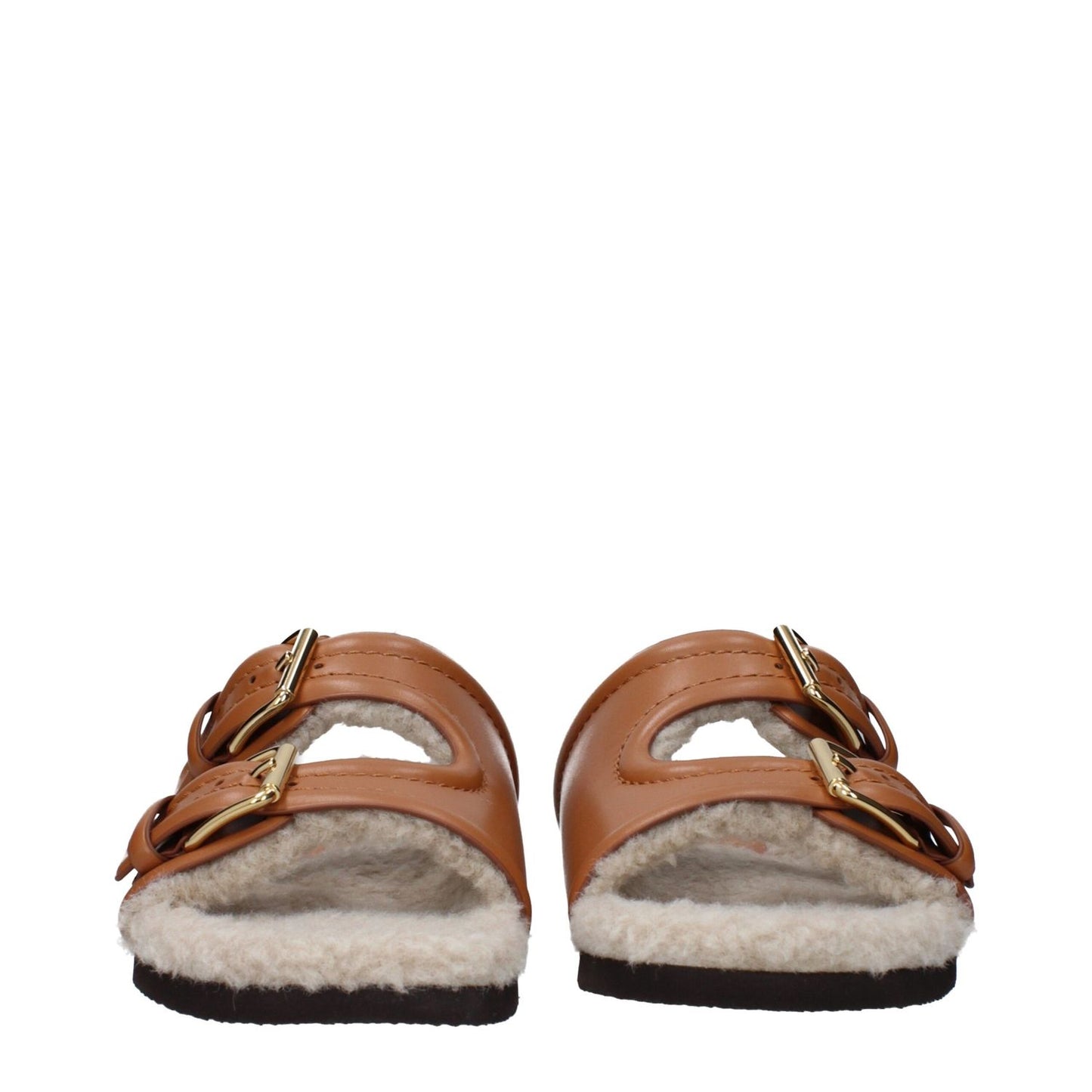 Valentino Garavani Brown Leather Slippers with buckle closure, rubber sole, and open toe design, perfect for casual wear.