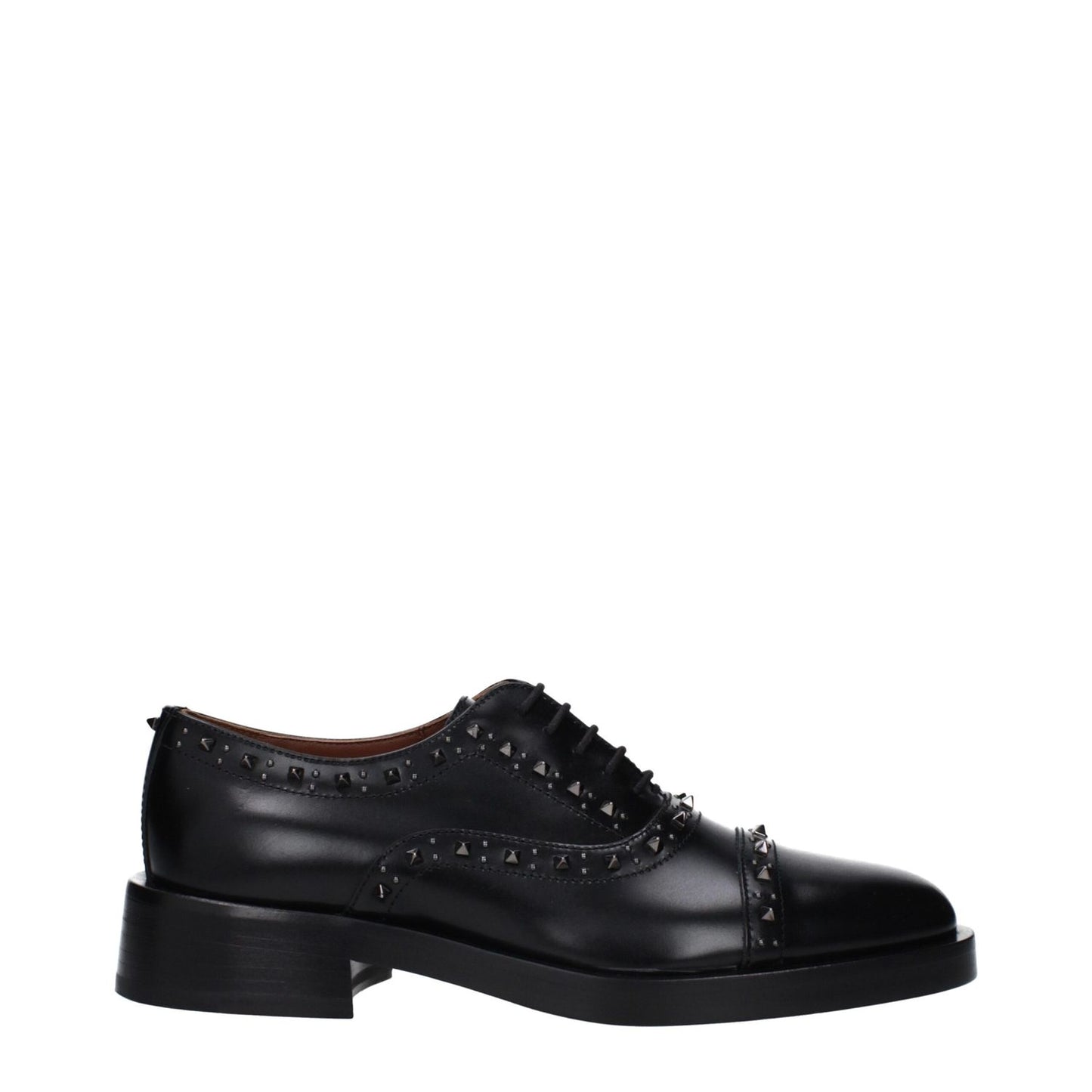Valentino Garavani Black Leather Oxfords And Derbies with studs, lace-up, monkstrap design, and mid heel, casual style.