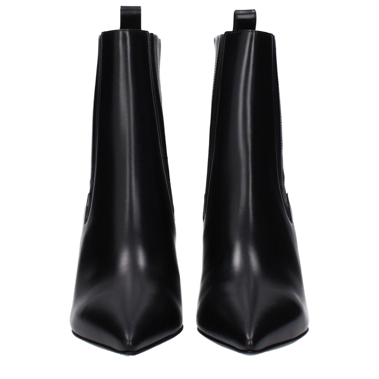 Valentino Garavani Black Leather Ankle Boots with leather sole, back logo, pointy toe, mid heels at 7.5 cm; style: casual.