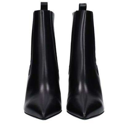 Valentino Garavani Black Leather Ankle Boots with leather sole, back logo, pointy toe, mid heels at 7.5 cm; style: casual.