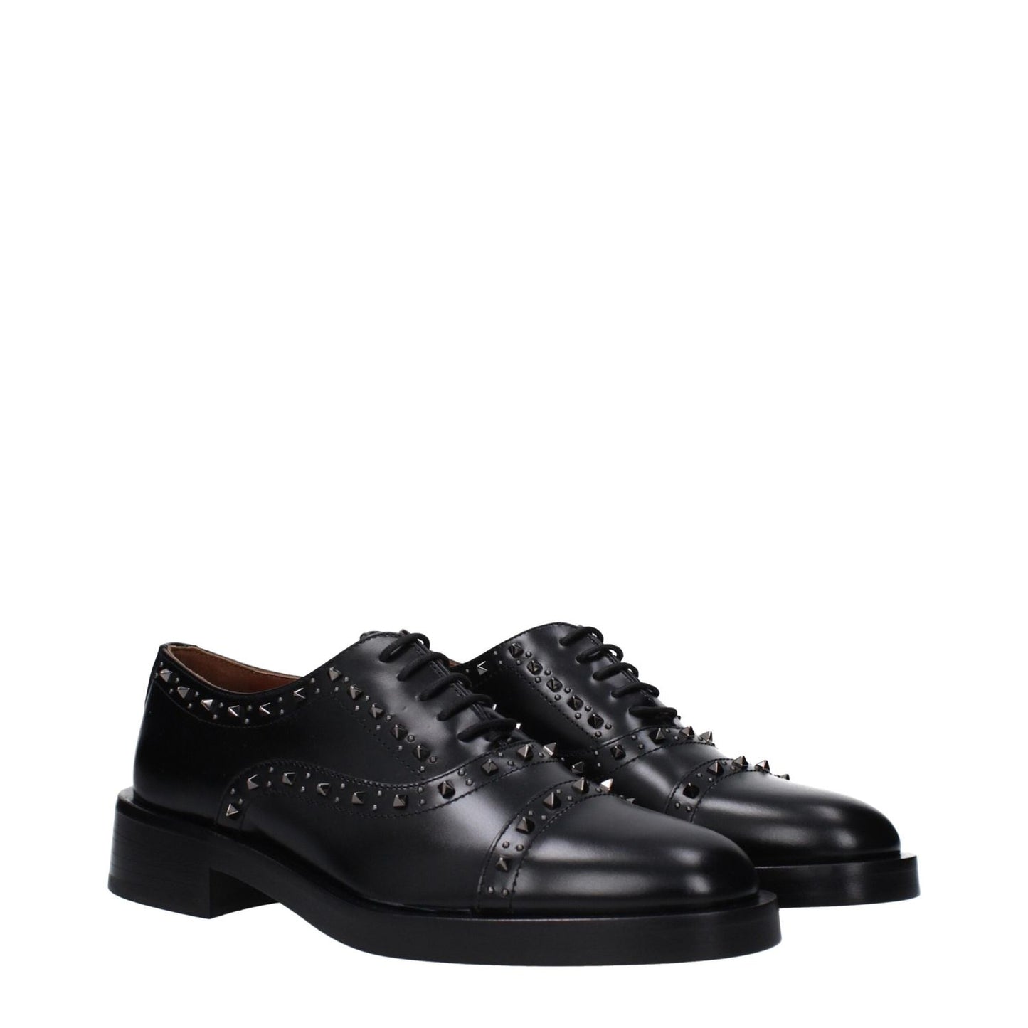 Valentino Garavani Black Leather Oxfords And Derbies, studded, round toe, lace up, monkstrap style, mid heels, 3.5 cm heel height.