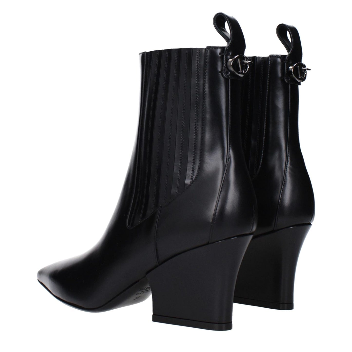 Valentino Garavani Black Leather Ankle Boots with back logo, mid heels, and pointy toe design, showcasing stylish and sleek footwear.