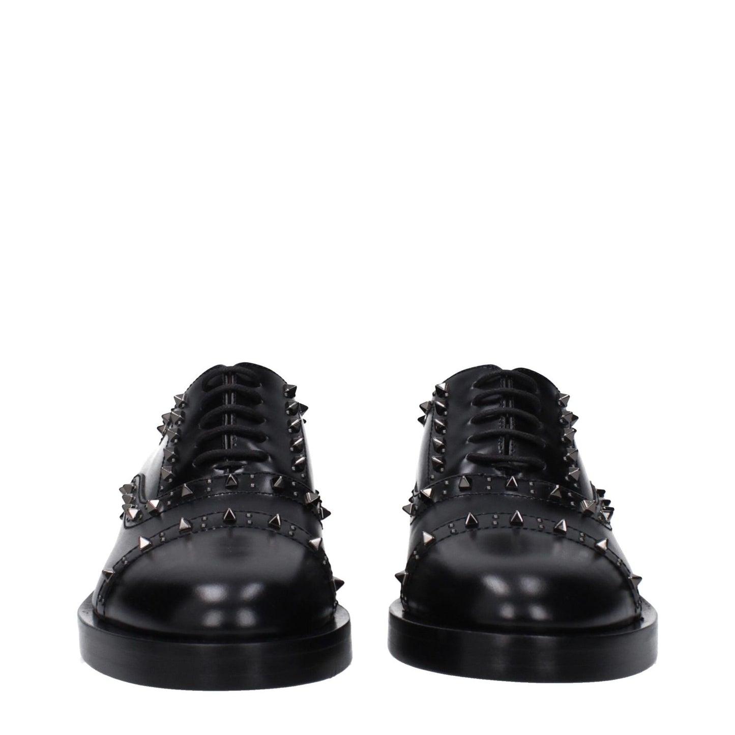 Valentino Garavani Black Leather Oxfords And Derbies with studs, lace up closure, round toe, mid heels, and leather sole, perfect for casual style.