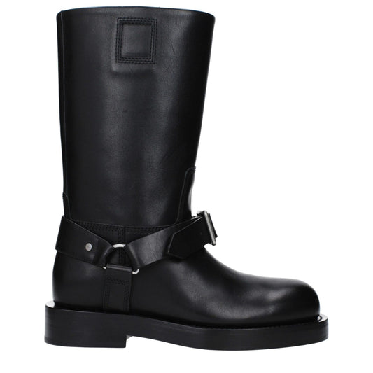 Burberry Black Leather Boots with buckle closure, mid heels, round toe, and leather sole, MPN 8077392, casual style footwear.