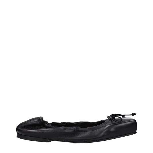 Jacquemus Black Leather Ballet Flats with square toe, front detail, and low flat heel.
