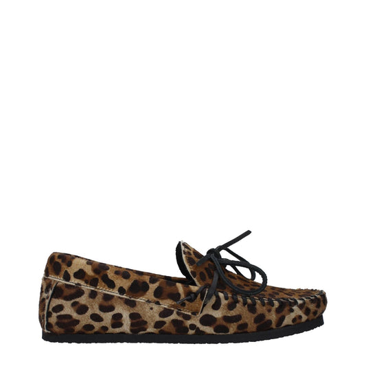 Isabel Marant Brown Horsehair Slip-On Loafers with leopard pattern and round toe, casual style with rubber sole, flat heel, front detail.