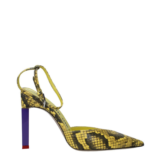 The Attico Yellow Leather High Heel Pumps with snake print, 10.5 cm heel, buckle closure, pointy toe, ethnic style design.