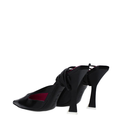 The Attico Black Leather Stiletto Heel Sandals with lace-up closure and pointy toe, featuring a high heel and leather sole.