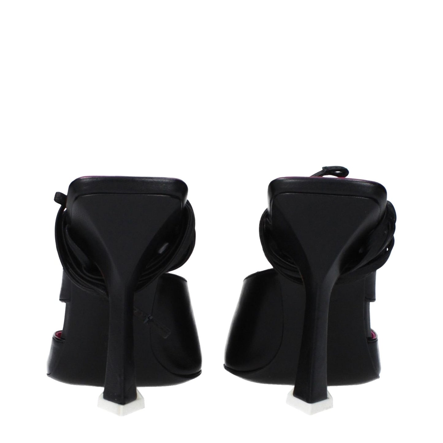 The Attico Black Leather Stiletto Heel Sandals with lace-up closure, high heel, pointy toe, rear view of elegant design.