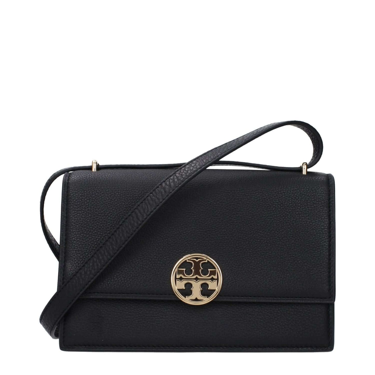 Tory Burch Black Leather Crossbody Bag with front logo and adjustable shoulder strap, medium size, button closure.