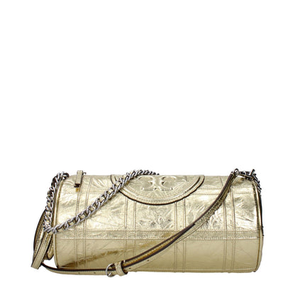Tory Burch Gold Leather Shoulder Bag with metallic effect, front logo, and adjustable strap. Casual small bag, MPN 152478700.