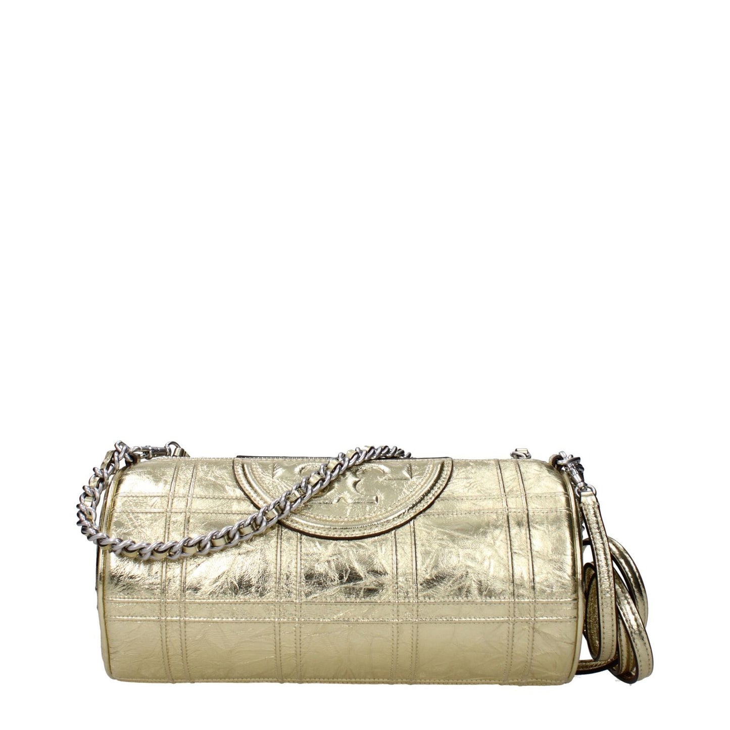 Tory Burch Gold Leather Shoulder Bag with metallic effect, featuring adjustable and removable strap, casual style, front logo, small size.