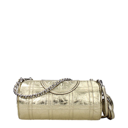 Tory Burch Gold Leather Shoulder Bag with metallic effect, featuring adjustable and removable strap, casual style, front logo, small size.