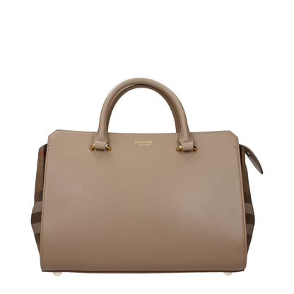 Burberry Beige Leather Handbag with logo, adjustable and removable shoulder strap, zip closure, and chestnut accents.