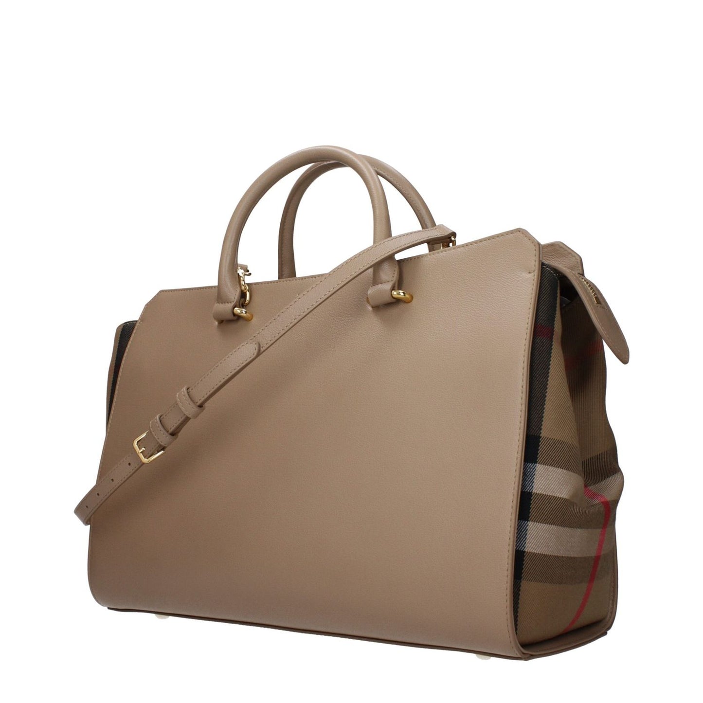 Burberry Beige Leather Handbag with gold accents, medium size, featuring adjustable and removable shoulder strap.