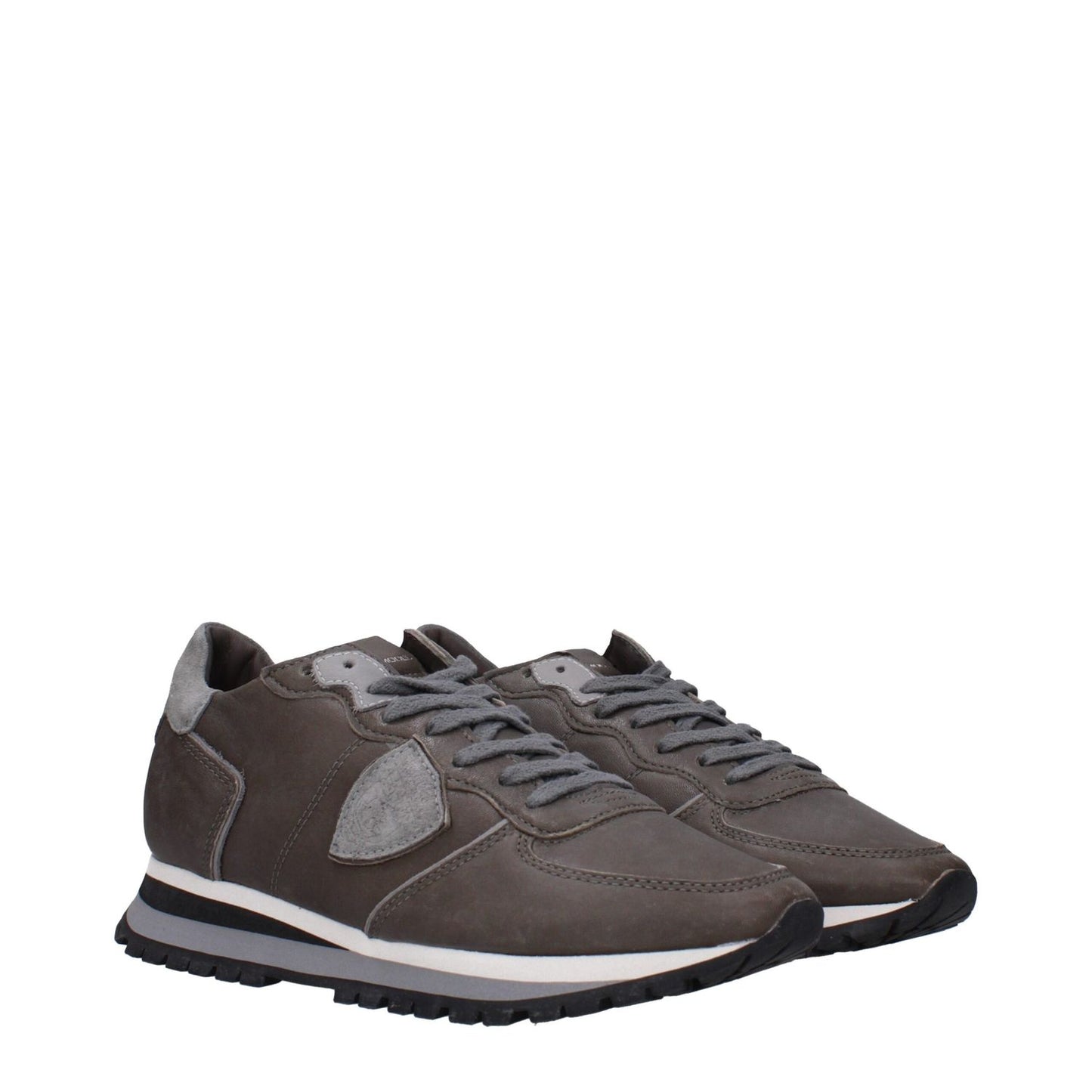 Philippe Model Gray Leather Sneakers with front, back logos, side detail, lace-up closure, rubber sole, sporty glam style.