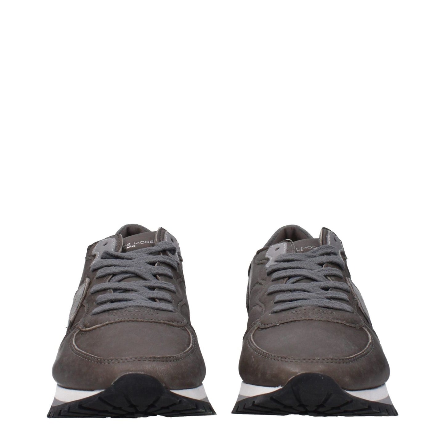 Philippe Model Gray Leather Sneakers with front logo, lace-up closure, and rubber sole, showcasing sporty glam style and round toe design.