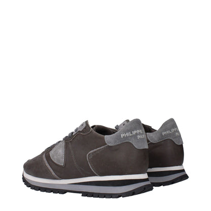 Philippe Model Gray Leather Sneakers with logo and rubber sole, side and back view, showcasing sporty glam style.