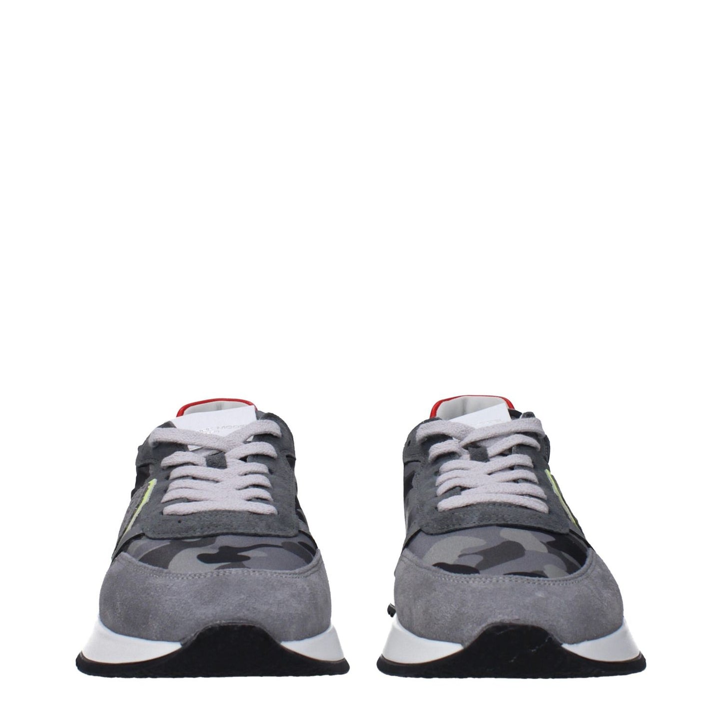Philippe Model Gray Fabric Sneakers with logo details and camouflage pattern, front view of stylish and modern design.
